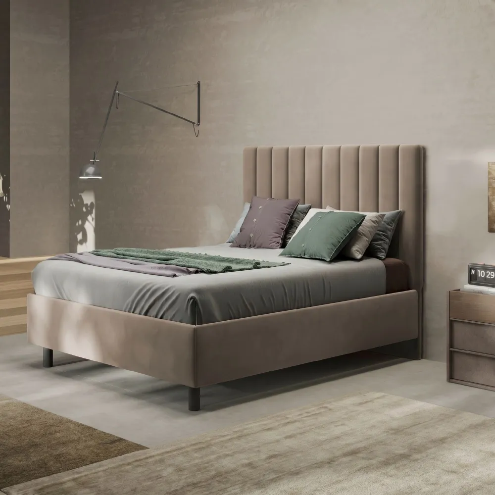 Letto matrimoniale 160 cm imbottito con contenitore 171x202x142 cm in velluto sabbia - BUNNY