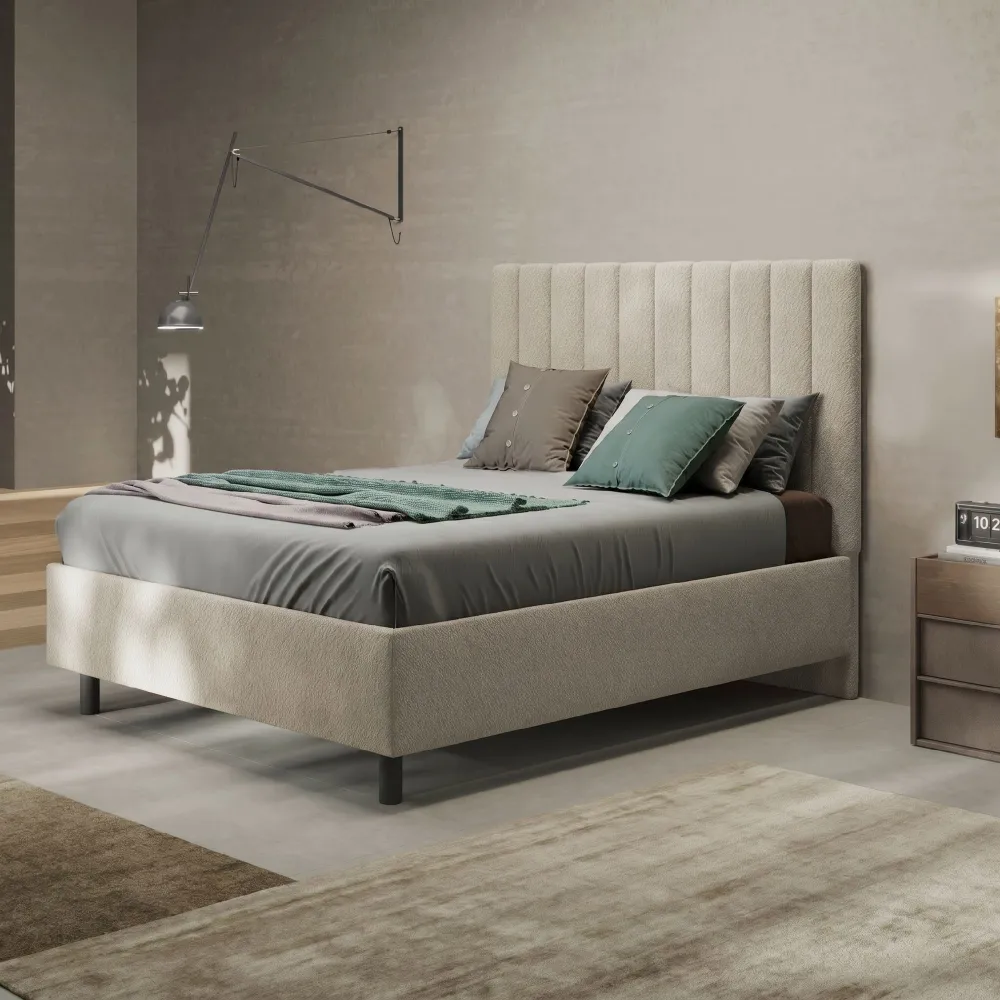 Letto matrimoniale 160 cm imbottito con contenitore 171x202x142 cm in bouclé beige - BUNNY