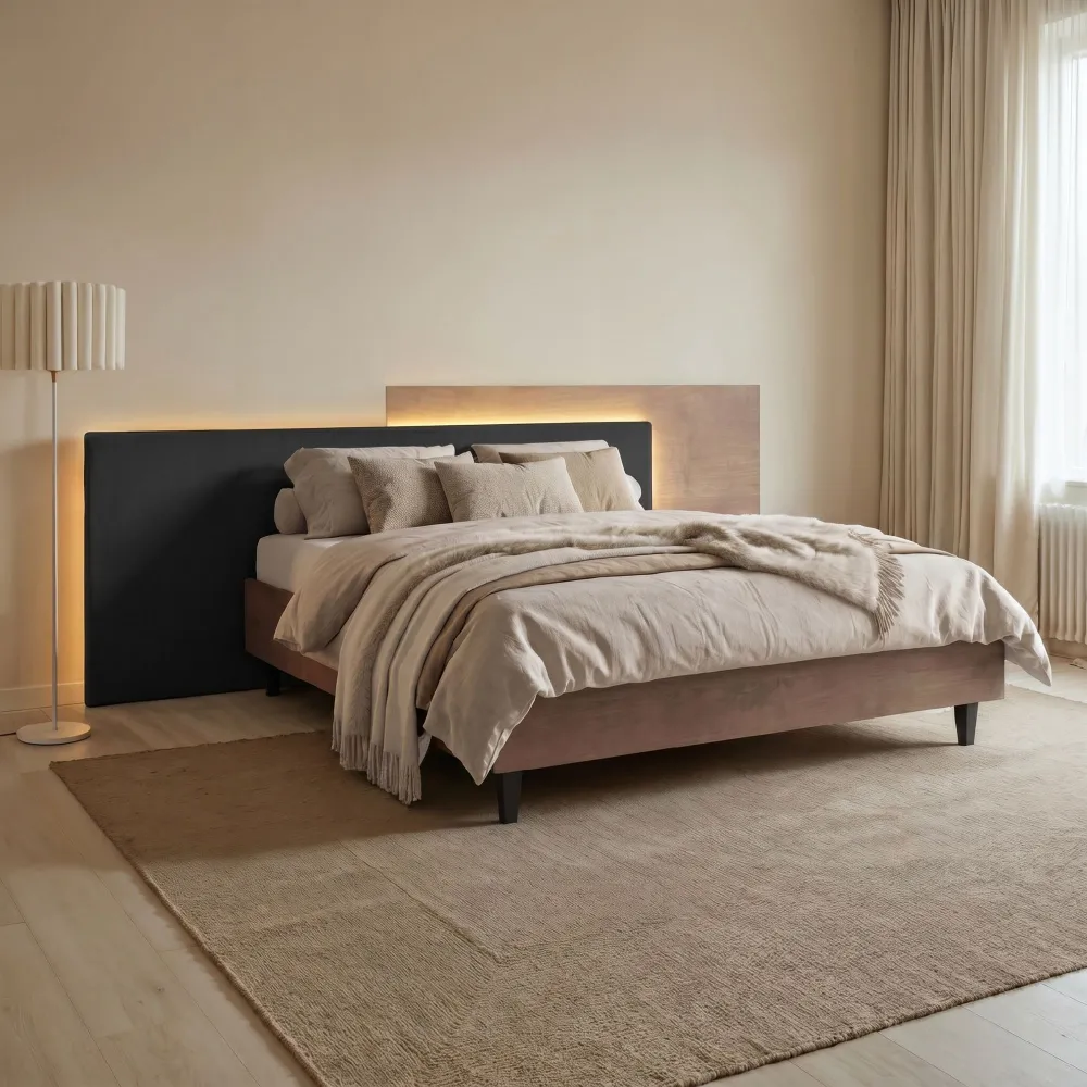 Letto matrimoniale 160 cm con testiera in  legno Mercure e velluto carbone 297x208x110 cm - LUNAR