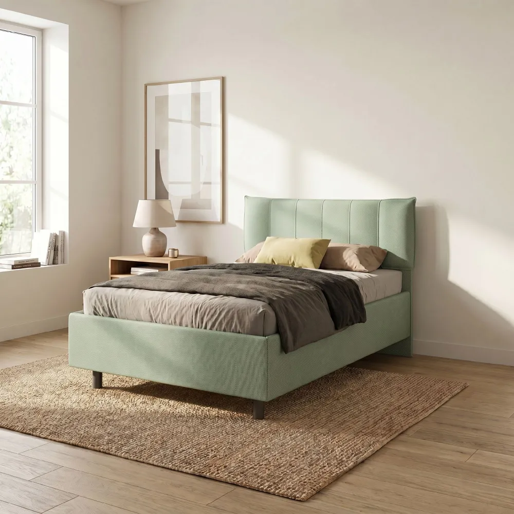 Letto una piazza e mezza 120 cm con contenitore 131x202x116 cm in tessuto verde salvia - ZEN