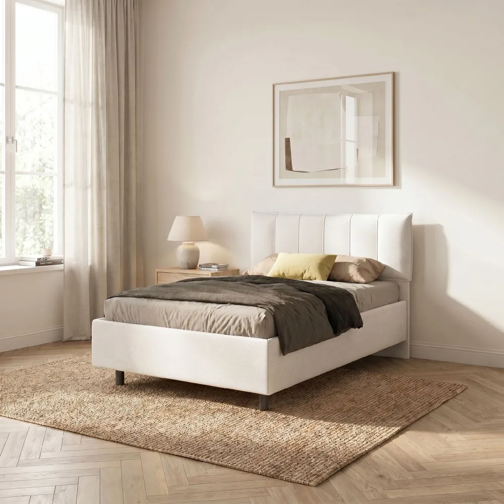 Letto una piazza e mezza 120 cm con contenitore 131x202x116 cm in tessuto ghiaccio - ZEN 2