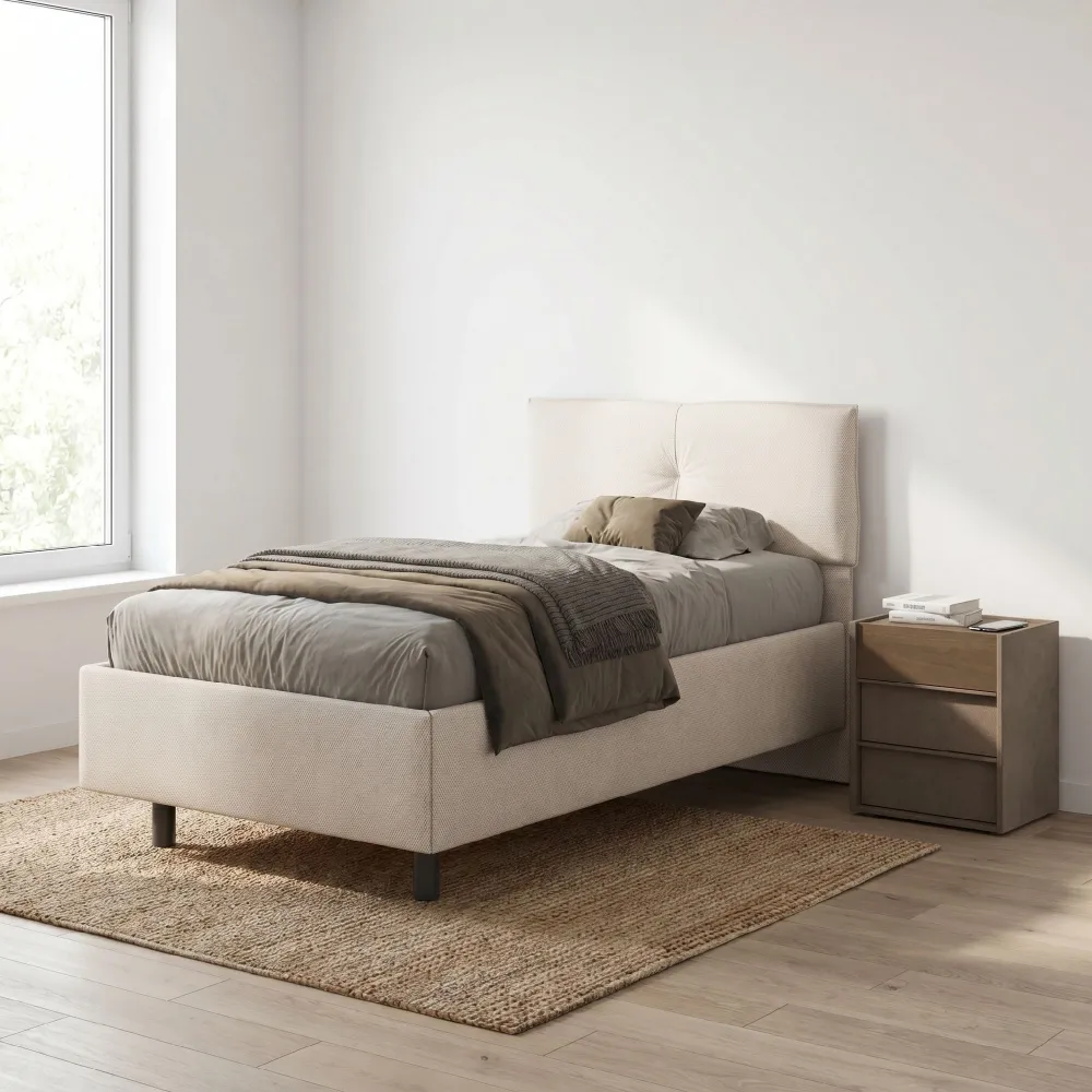 Letto una piazza e mezza 120 cm in tessuto ghiaccio - 131x202x116 cm - MUSA