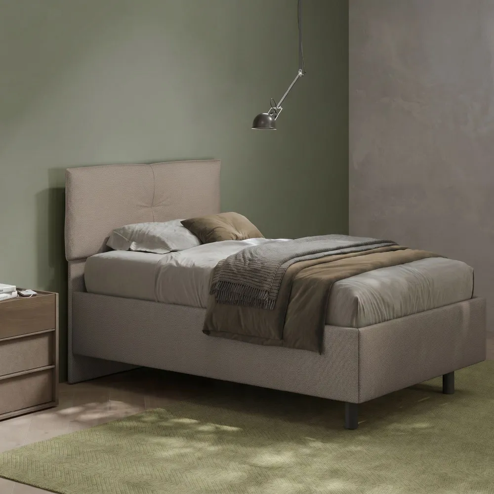 Letto una piazza e mezza 120 cm con contenitore in tessuto tortora - 131x202x116 cm - MUSA