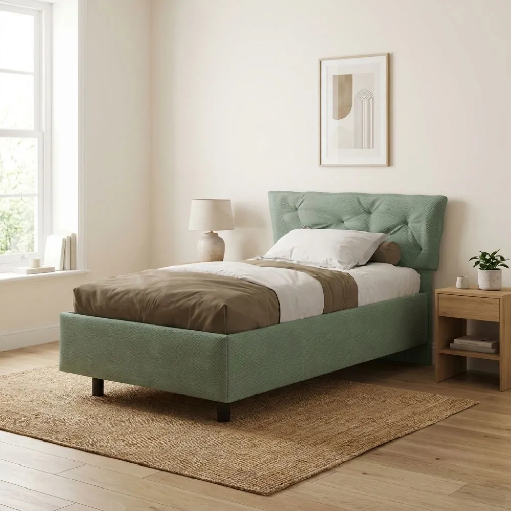 Letto una piazza e mezza 120 cm in tessuto verde salvia - 131x202x116 cm - CLIFF