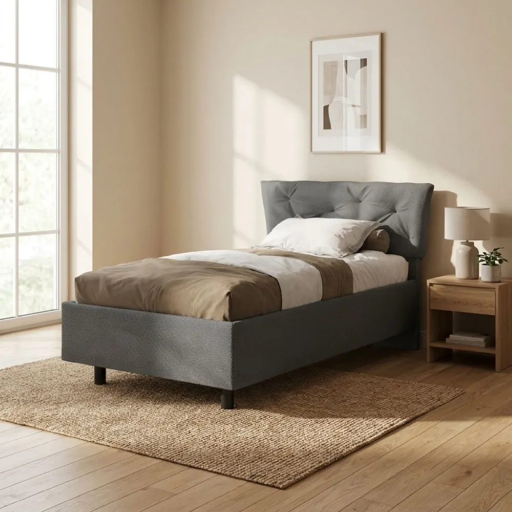 Letto una piazza e mezza 120 cm con contenitore in tessuto grigio fumo - 131x202x116 cm - CLIFF