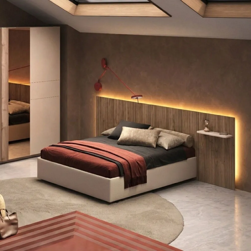 Letto matrimoniale 160 cm con contenitore noce caramello 294x203x110 cm in velluto beige - LINE