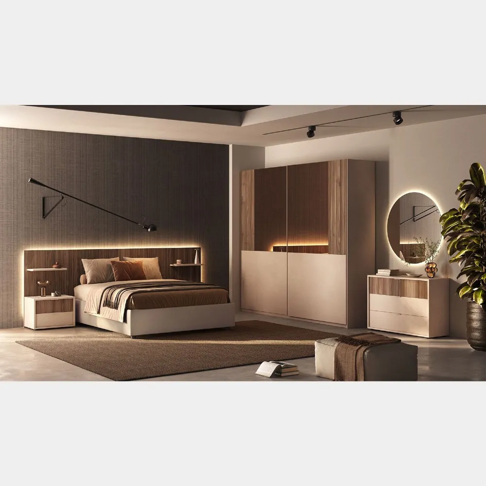 Letto matrimoniale 160 cm con contenitore noce caramello 294x203x110 cm in velluto beige - LINE