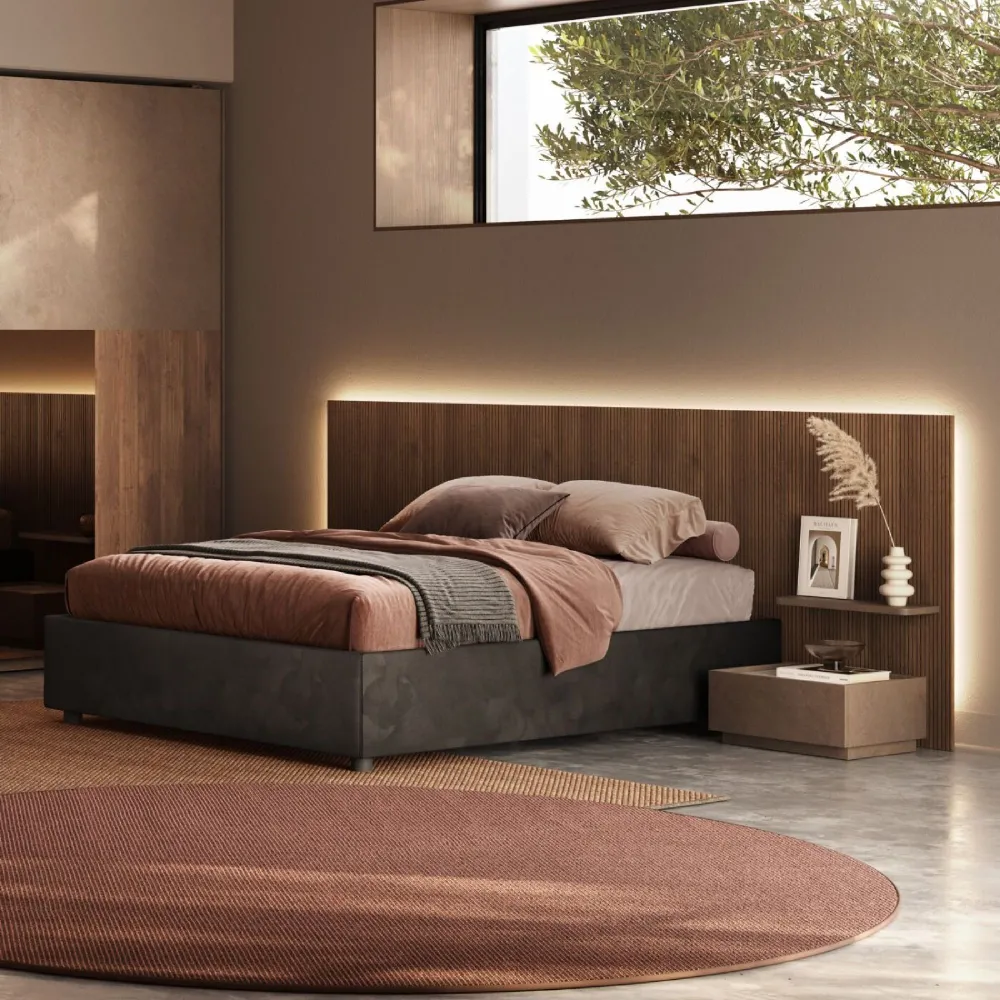 Letto matrimoniale 160 cm con contenitore Mercure 294x203x110 cm in velluto carbone - LINE
