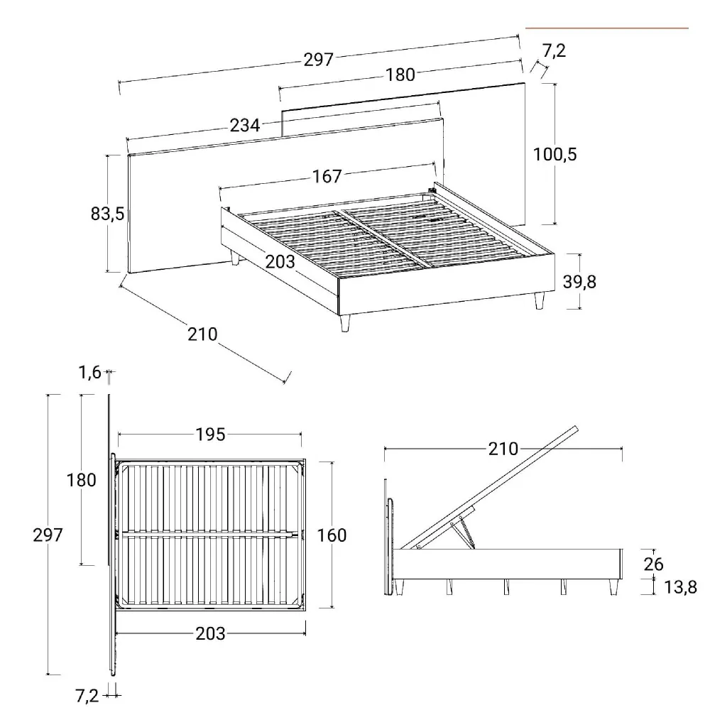 Letto matrimoniale 160 cm con contenitoreCadiz e velluto carbone 297x208x110 cm - LUNAR 2