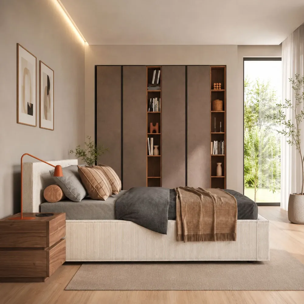 Letto matrimoniale 160 cm imbottito con contenitore 190x215x97 cm velluto a coste perla - MOON 2