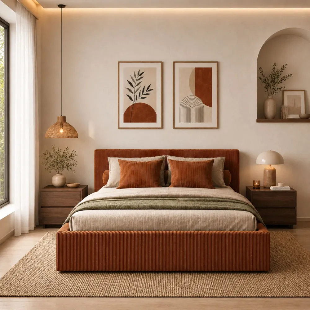 Letto matrimoniale 160 cm imbottito con contenitore 190x215x97 cm in velluto a coste terra - MOON