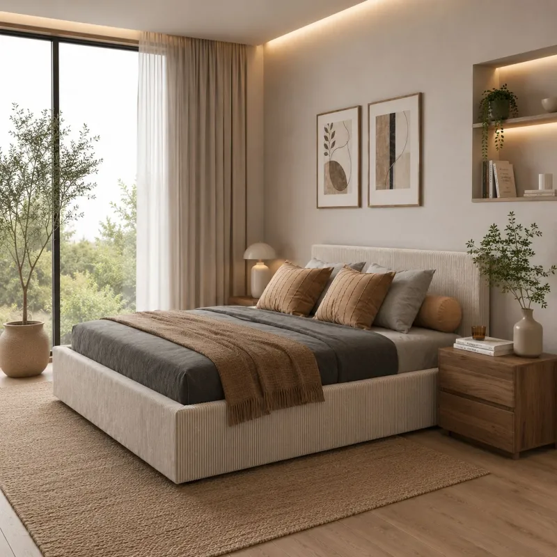 Letto matrimoniale 160 cm imbottito con contenitore 190x215x97 cm in velluto a coste tortora - MOON