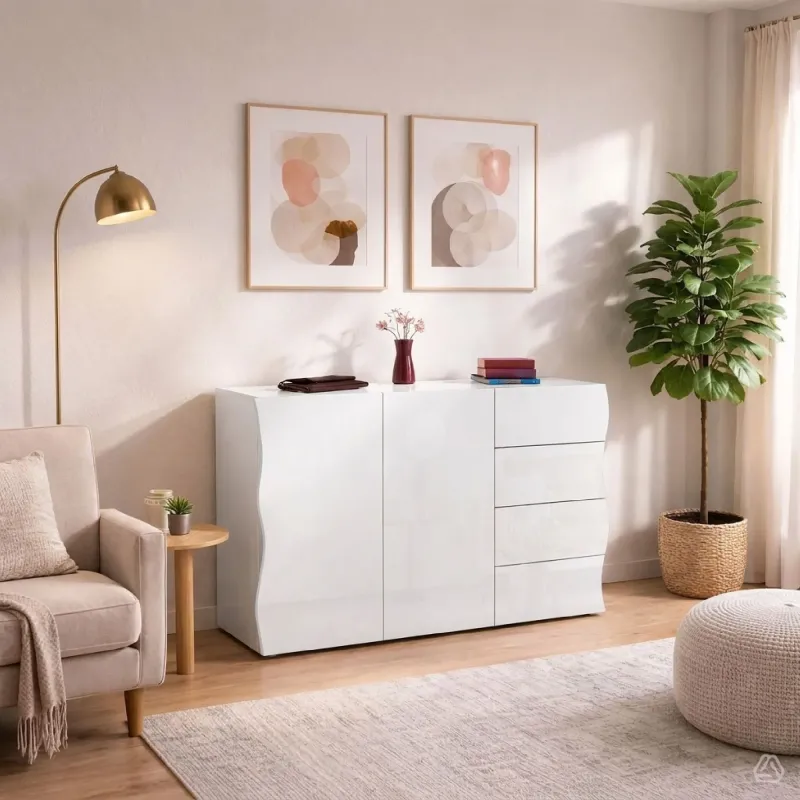 Mare Credenza 2 Ante e 4 Cassetti Bianco Laccato Lucido - Web Convenienza