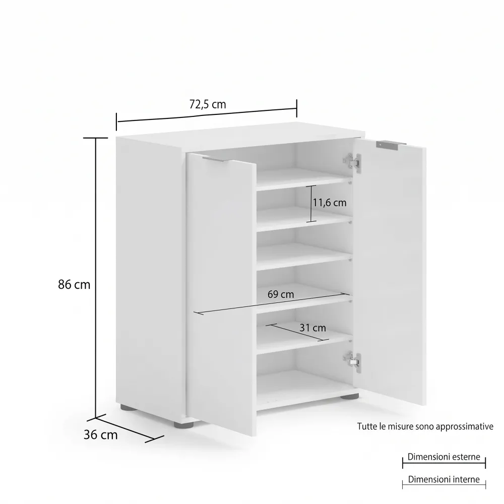 Scarpiera bassa 5 ripiani 72,5x36x86 cm bianco lucido - JOKER