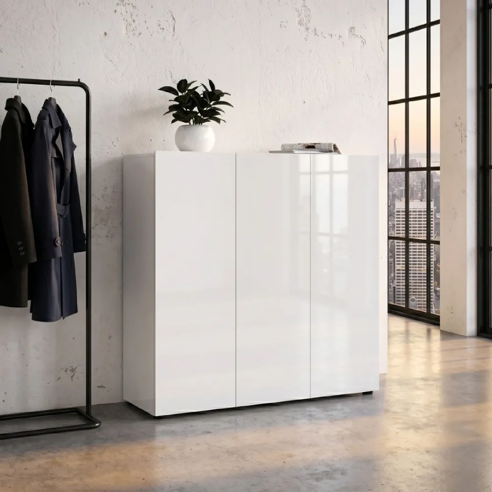 Scarpiera 3 ante e 10 ripiani 120x34x115 cm bianco lucido - MASTER