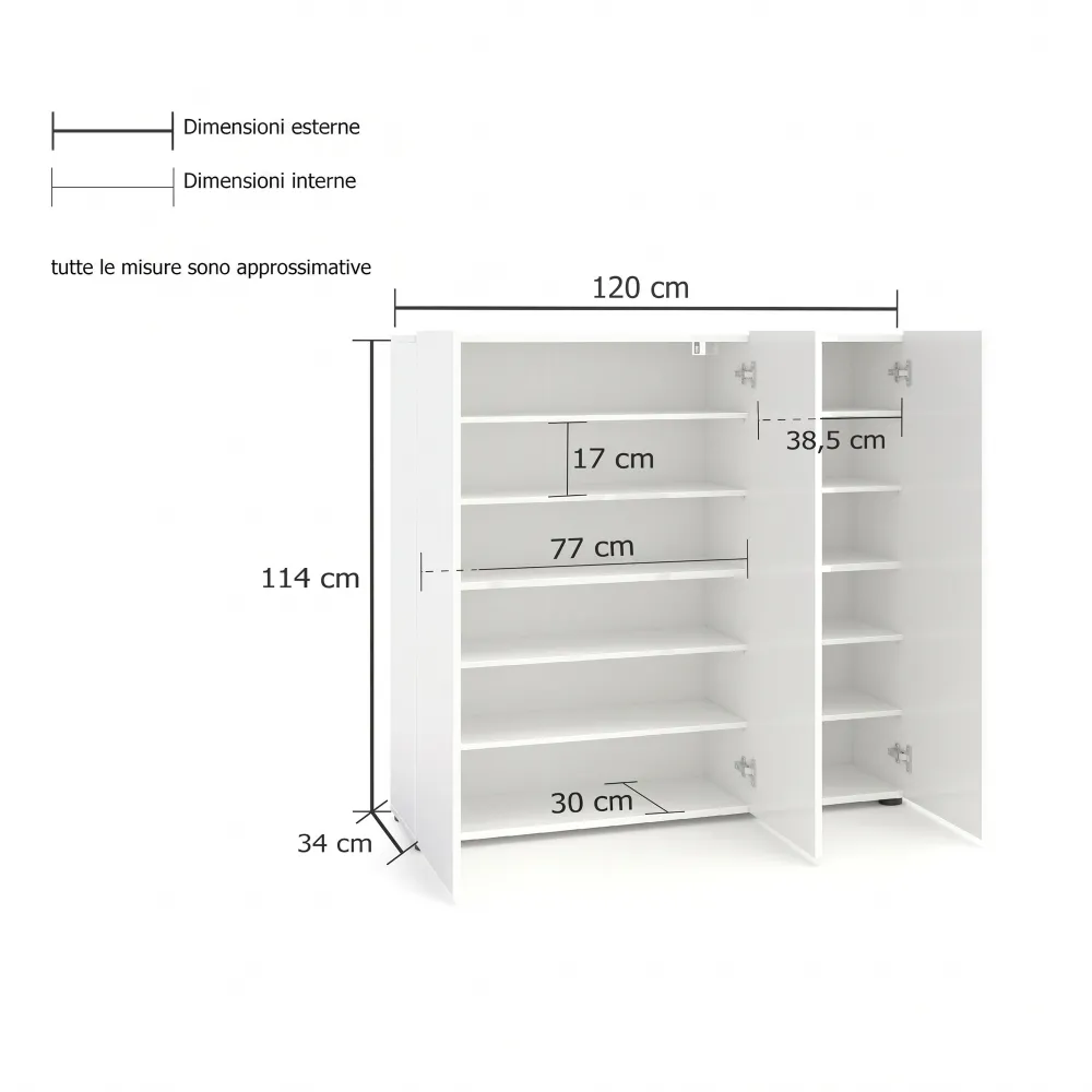 Scarpiera 3 ante e 10 ripiani 120x34x115 cm bianco lucido - MASTER 2