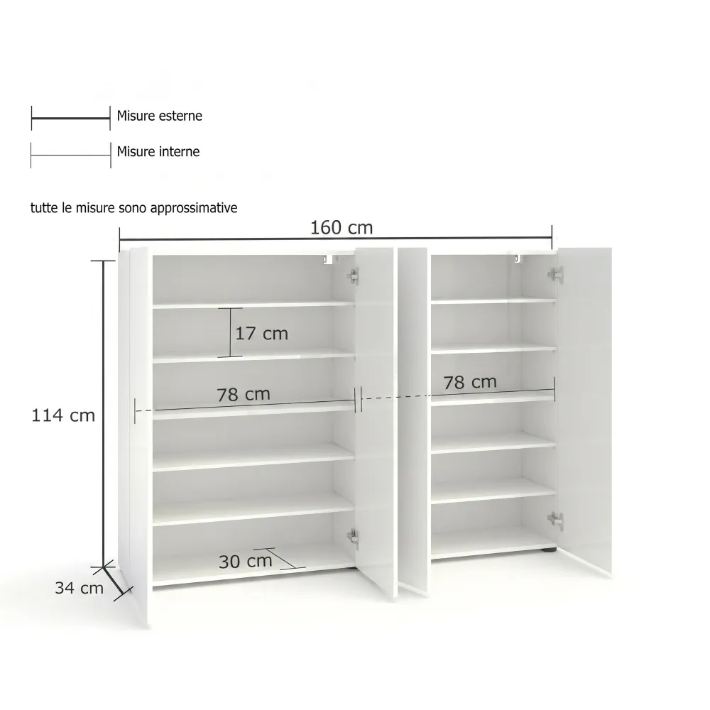 Scarpiera 4 ante e 10 ripiani 160x34x115 cm bianco lucido - MASTER 2