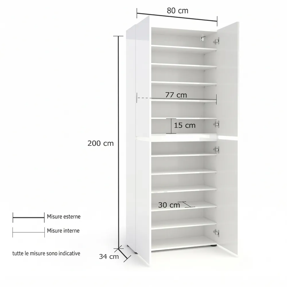 Scarpiera XL 4 ante e 10 ripiani 80x34x200 cm bianco lucido - MASTER 2