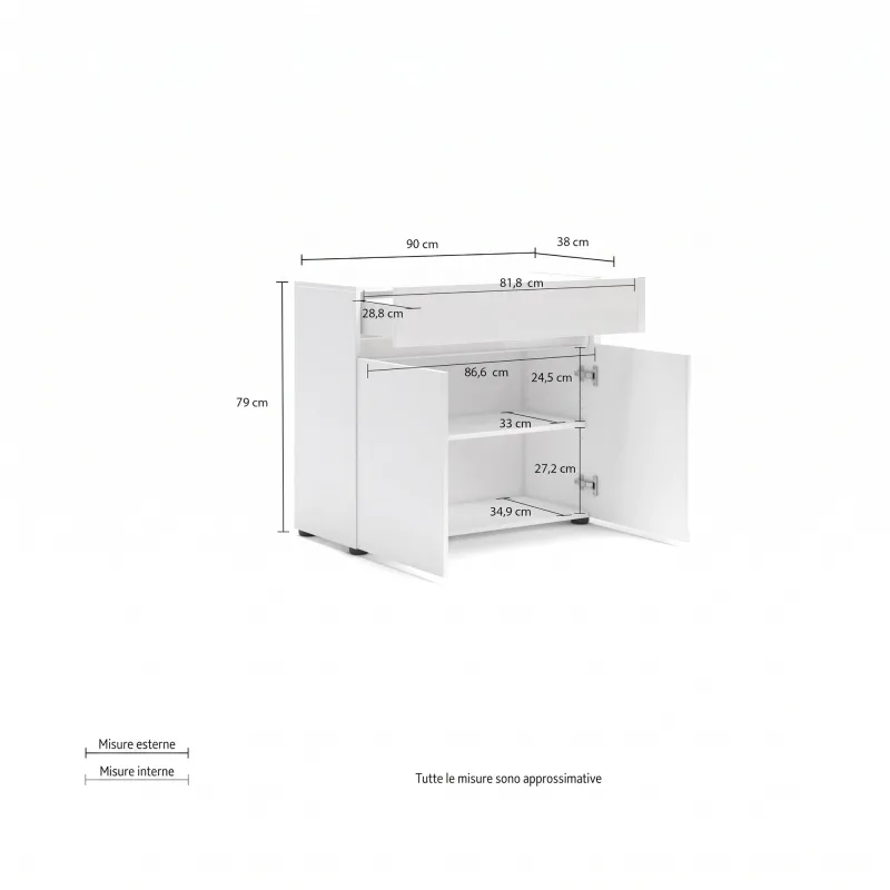 Madia 2 ante e 1 ripiano 90x38x79 cm bianco lucido - MASTER