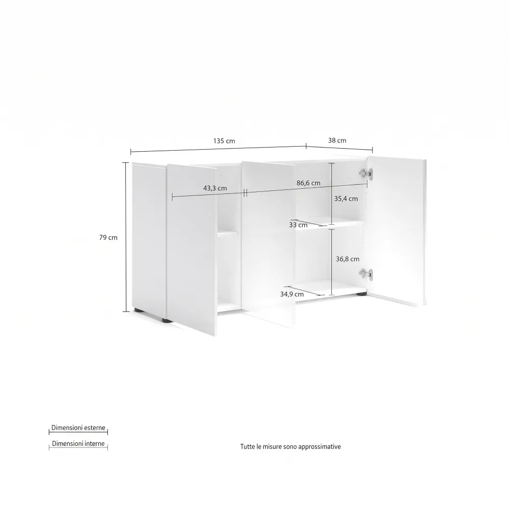 Madia 3 ante e 1 ripiano 135x38x79 cm bianco lucido - MASTER 2