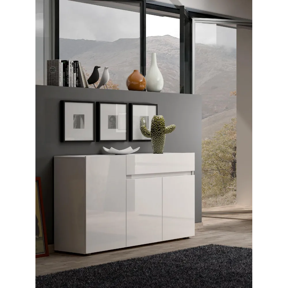 Madia 3 ante 1 cassetto e 1 ripiano 135x38x79 cm bianco lucido - MASTER