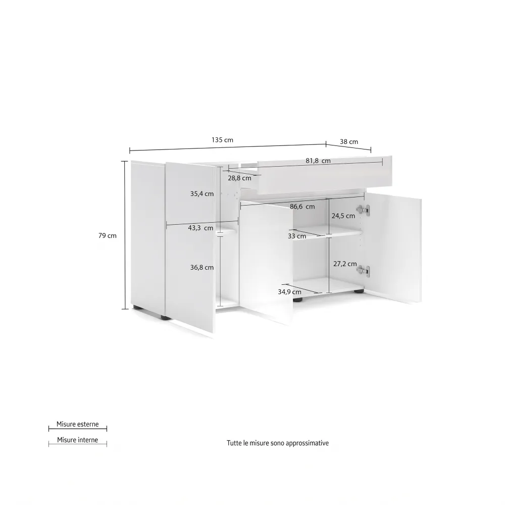 Madia 3 ante 1 cassetto e 1 ripiano 135x38x79 cm bianco lucido - MASTER 2