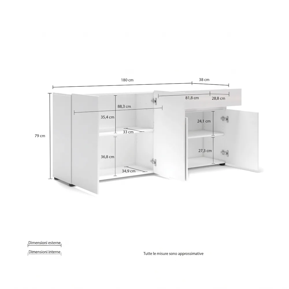 Madia 4 ante e 1 ripiano 180x38x79 cm bianco lucido - MASTER 2