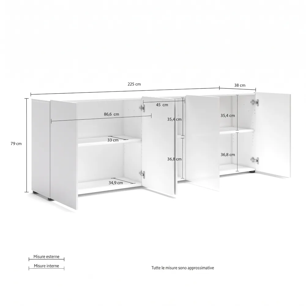 Madia 5 ante e 1 ripiano 225x38x79 cm bianco lucido - MASTER 2