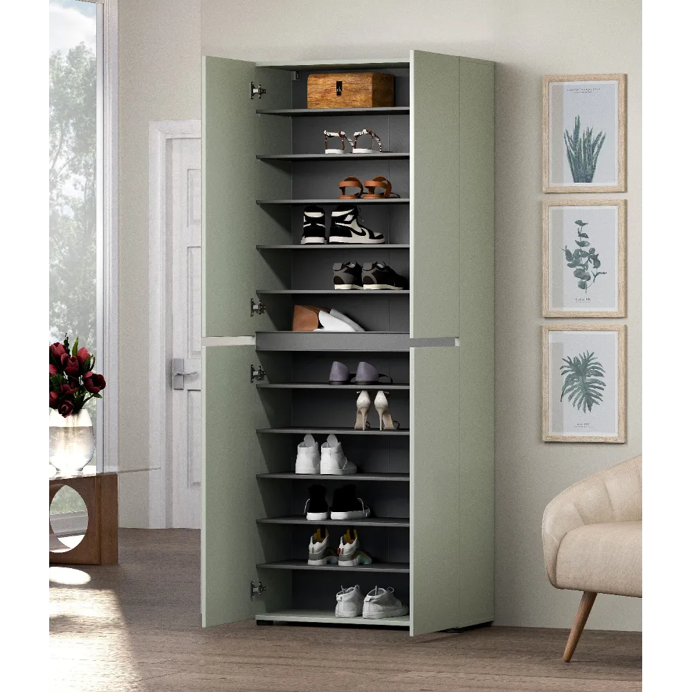 Scarpiera XL 4 ante e 10 ripiani 80x34x200 cm verde salvia laccato opaco - MASTER 2