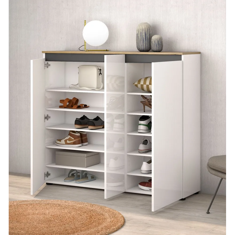 Scarpiera a terra 3 ante e 10 ripiani 130x35x113 cm bianco lucido e rovere - ZIP 2
