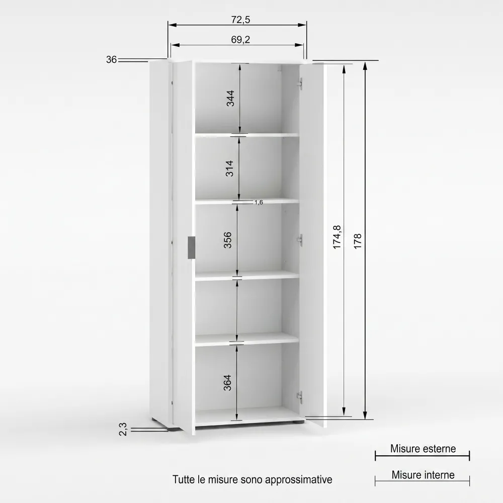 Armadio 2 ante e 4 ripiani 72x36x180 cm bianco lucido - JOKER