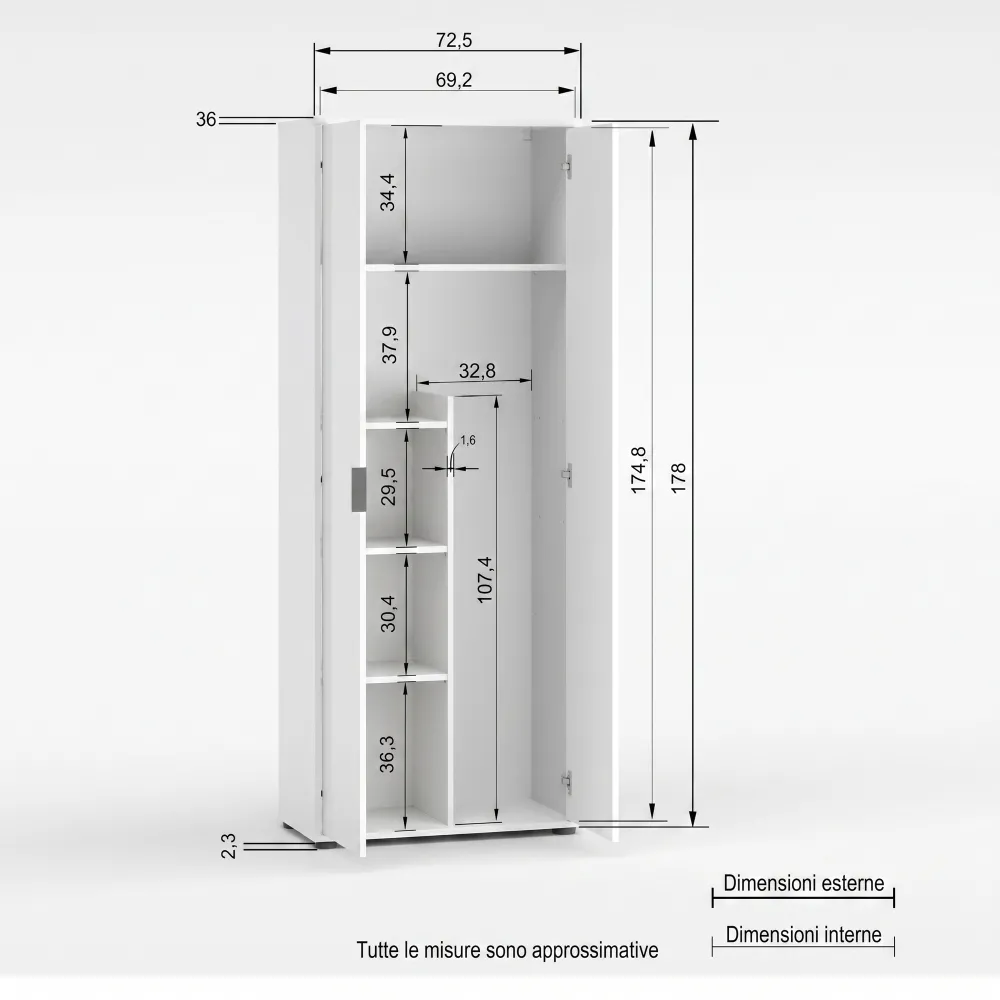 Armadio 2 ante e 3 ripiani 72x36x180 cm bianco lucido - JOKER
