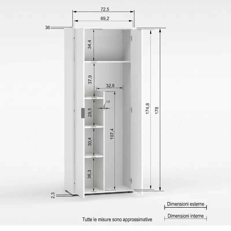 Armadio 2 ante e 3 ripiani 72x36x180 cm bianco lucido - JOKER