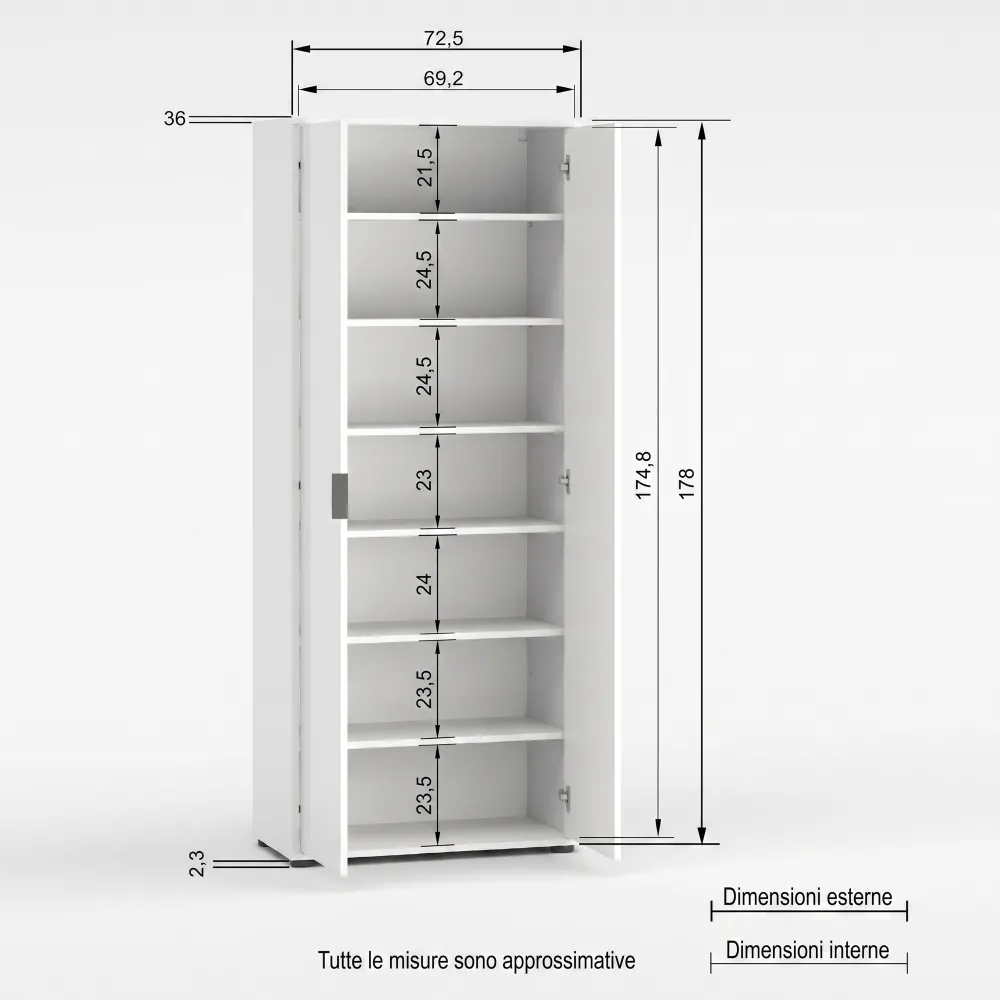 Armadio 2 ante e 6 ripiani 72x36x180 cm bianco lucido - JOKER