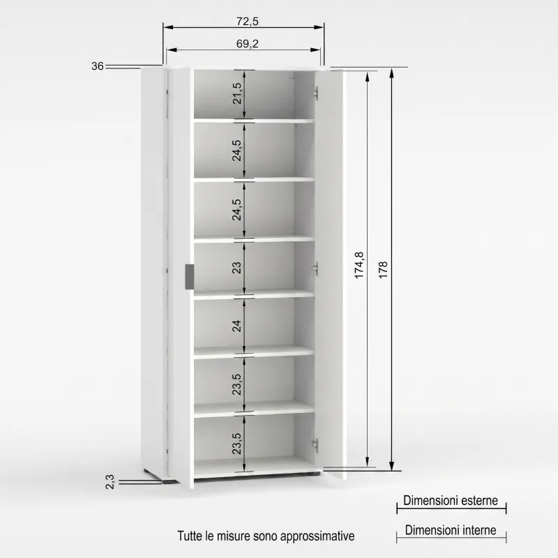 Armadio 2 ante e 6 ripiani 72x36x180 cm bianco lucido - JOKER
