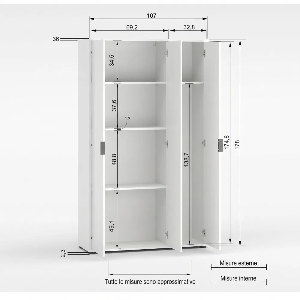 Armadio 3 ante e 3 ripiani 107x36x180 cm bianco lucido - JOKER