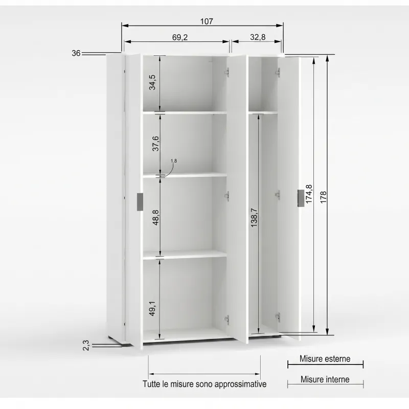 Armadio 3 ante e 3 ripiani 107x36x180 cm bianco lucido - JOKER