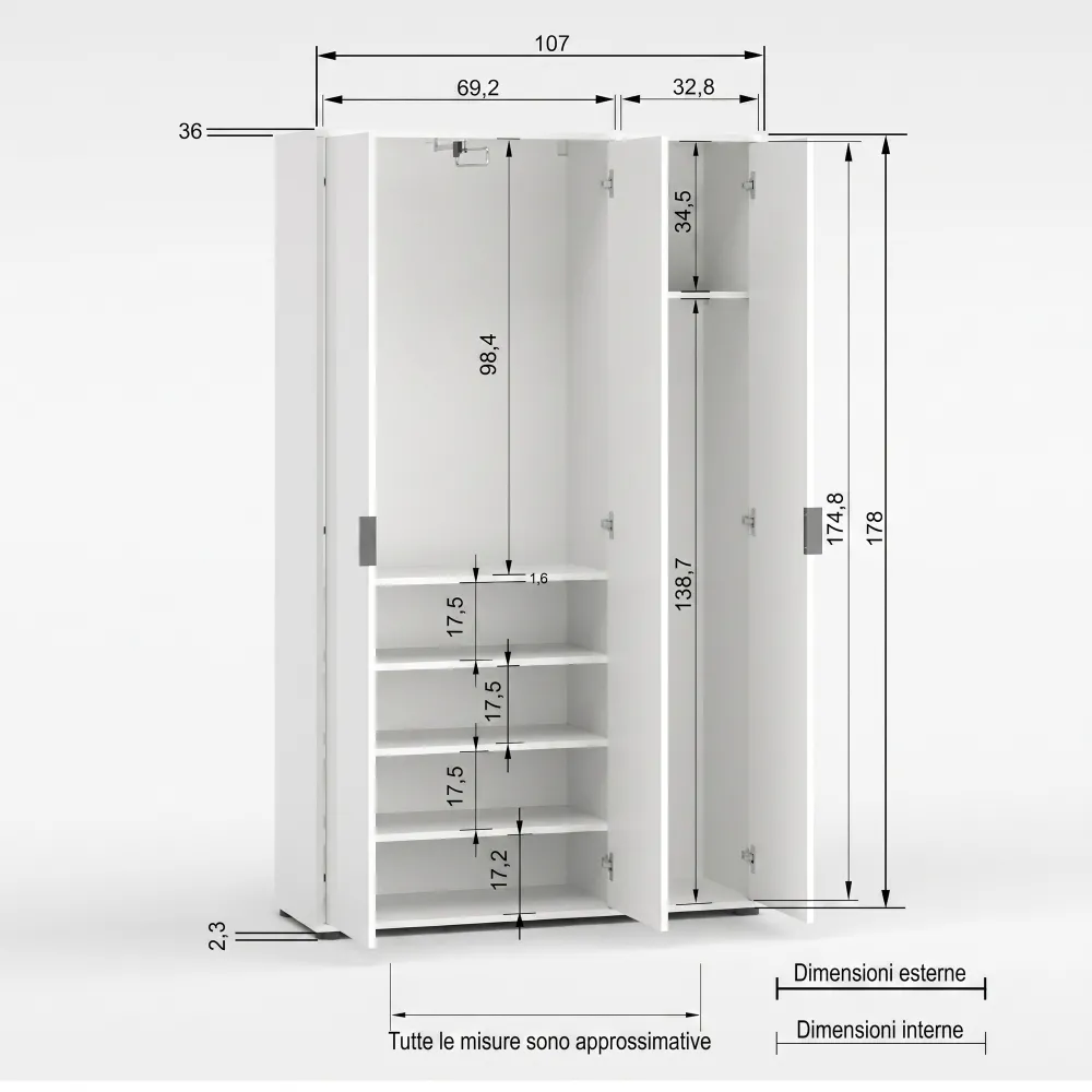 Appendiabiti 3 ante e 4 ripiani 107x36x180 cm bianco lucido - JOKER