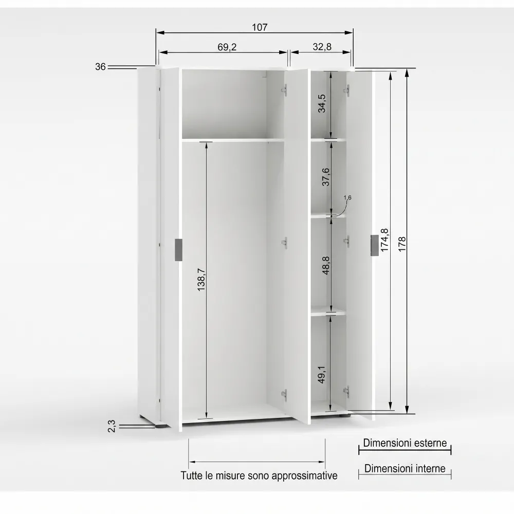 Armadio 3 ante e 3 ripiani 107x36x180 cm bianco lucido - JOKER