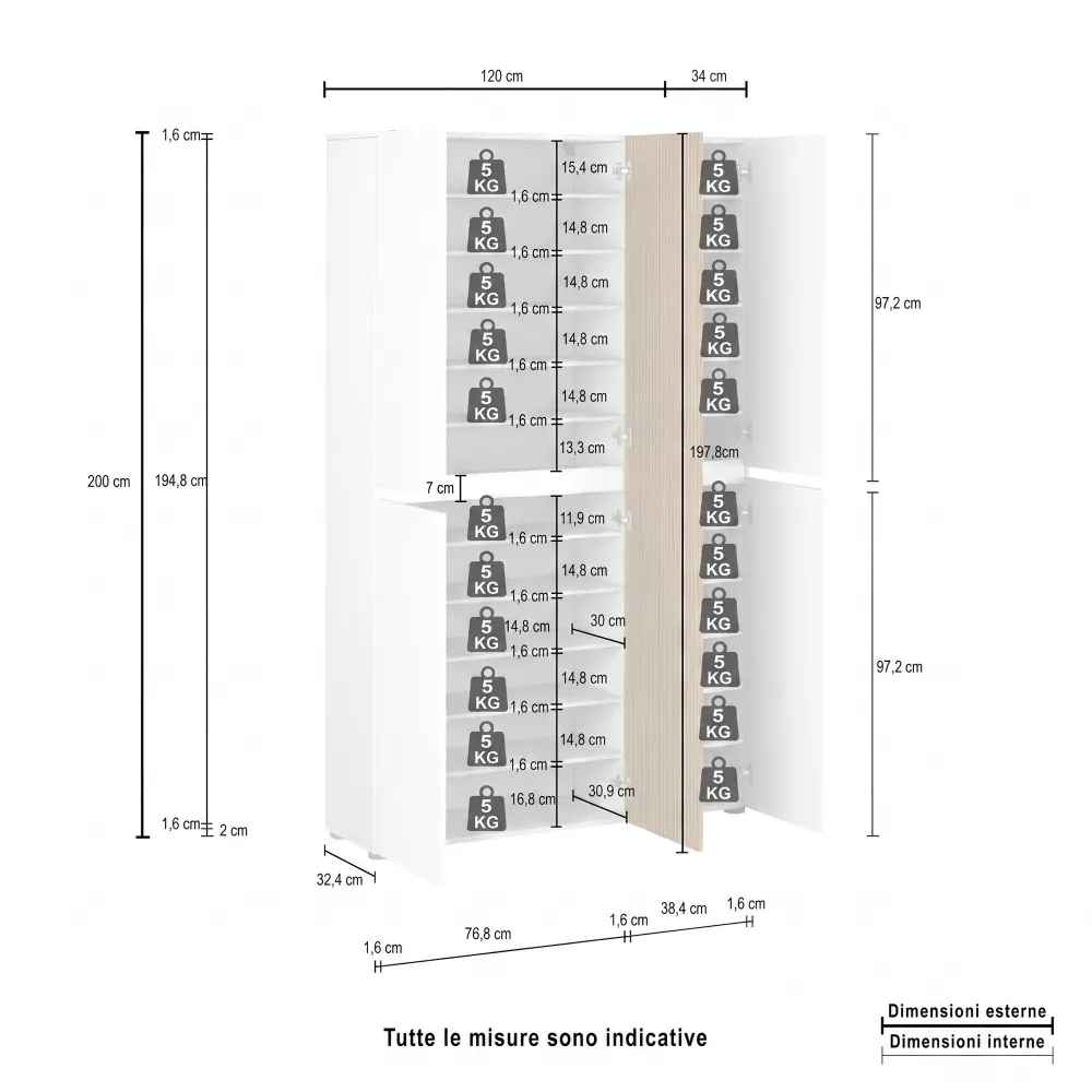 Scarpiera alta 5 ante e 10 ripiani 120x34x200 cm bianco rigatino - SPAGNA 2