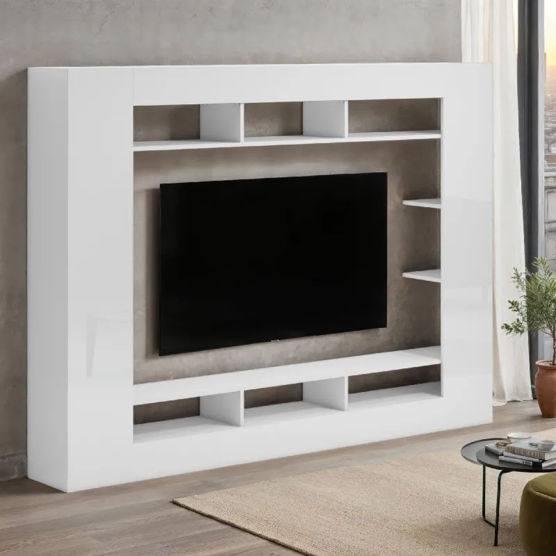 Parete attrezzata 216x34x159 cm bianco lucido - KIMI