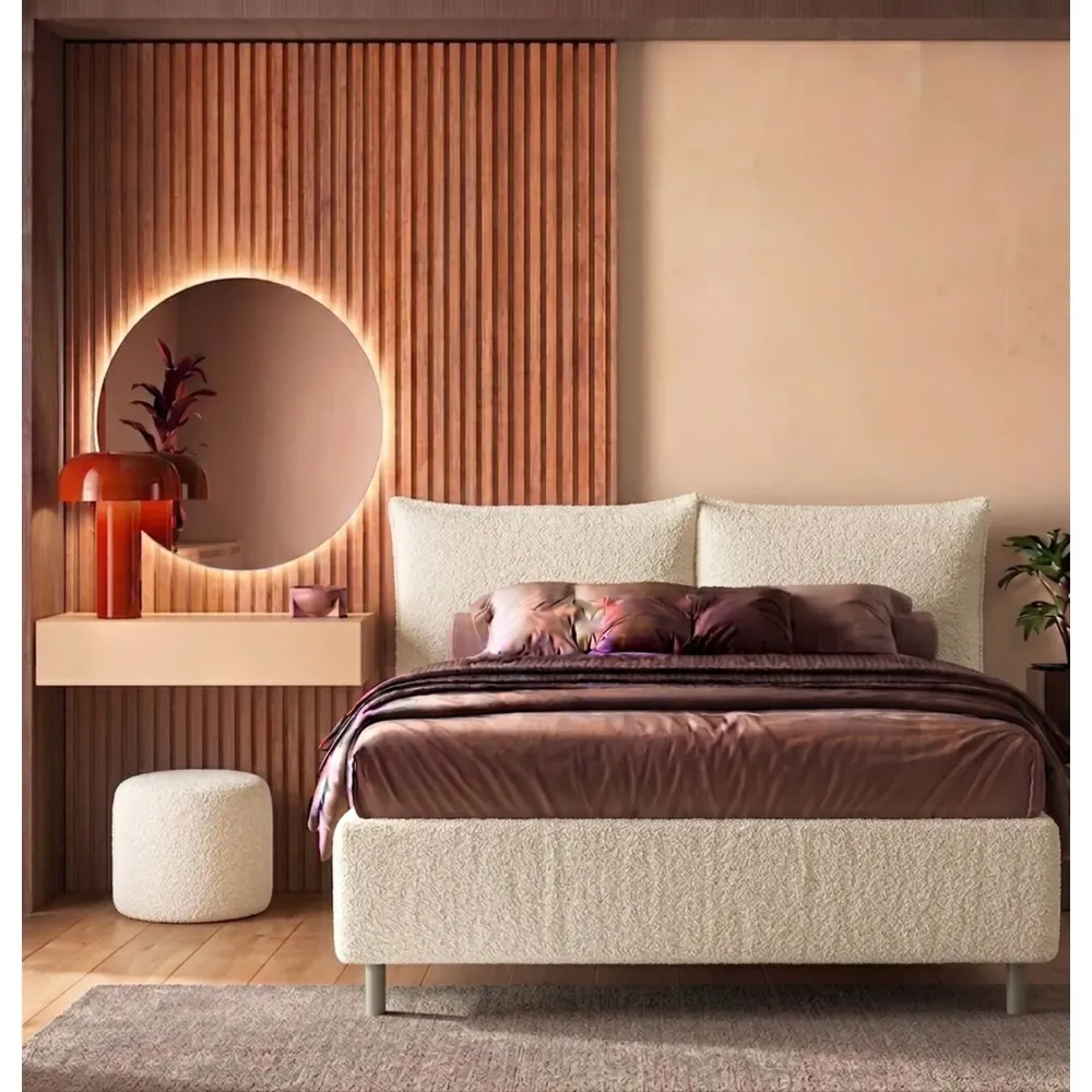Letto matrimoniale 160 cm imbottito con contenitore 171x202x115 cm in bouclé avorio - BREZZA