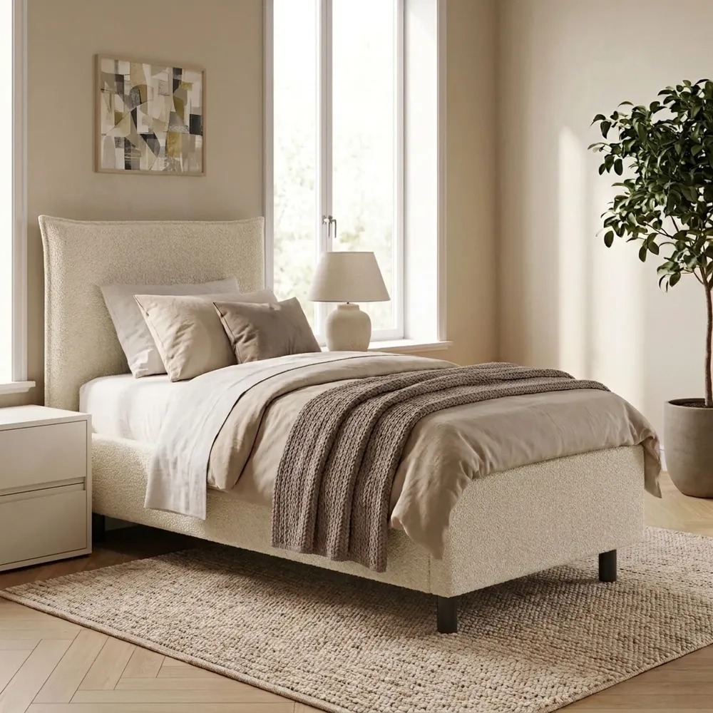 Letto singolo 80 cm in bouclé avorio - 93x202x115 cm - BREZZA