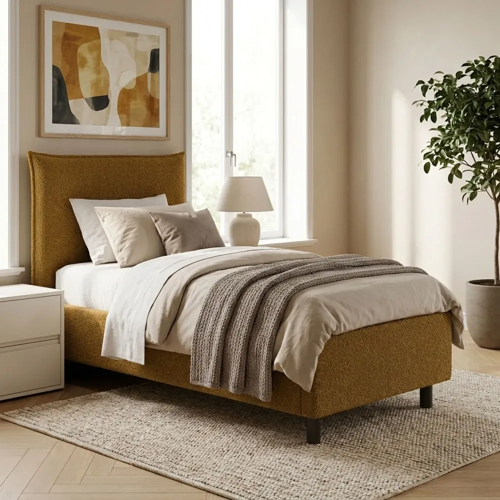 Letto singolo 80 cm in bouclé senape - 93x202x115 cm - BREZZA