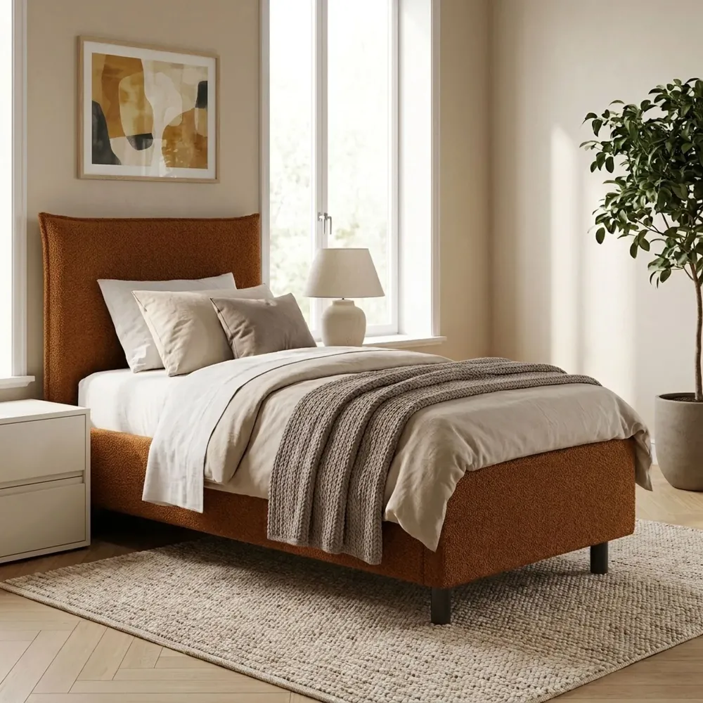 Letto singolo 80 cm con contenitore in bouclé terra - 93x202x115 cm - BREZZA