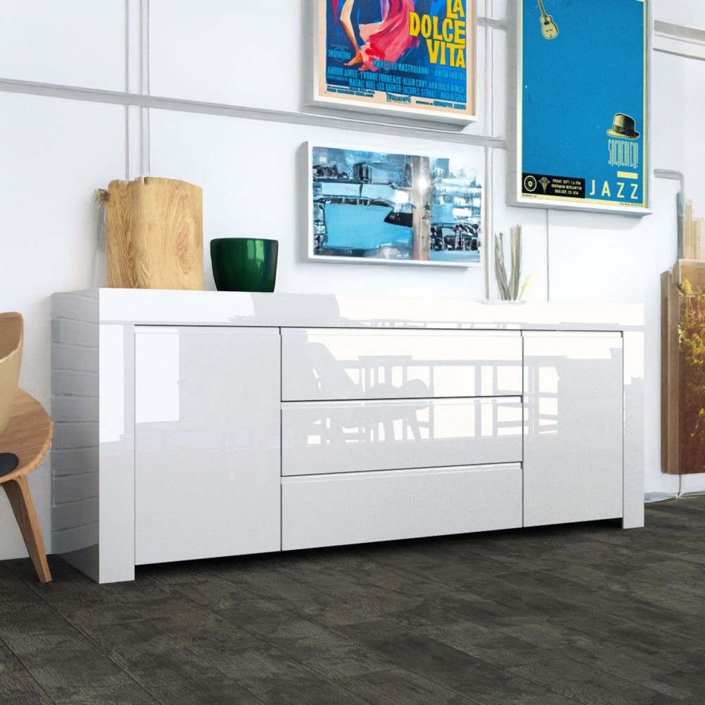 Credenza 190x50x82 cm Bianco Lucido Moderna Elegante con 2 ante e 3 cassetti - Amalfi