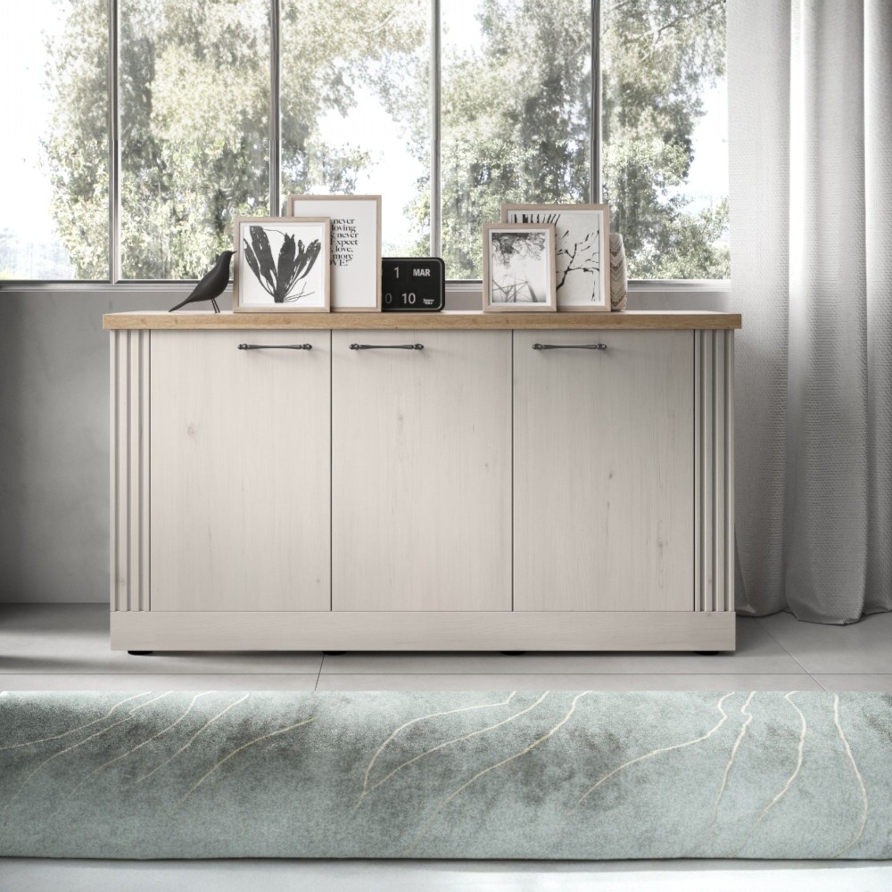 Madia 156×88×44 rovere meringa con top rovere chiaro e 3 ante - Grove