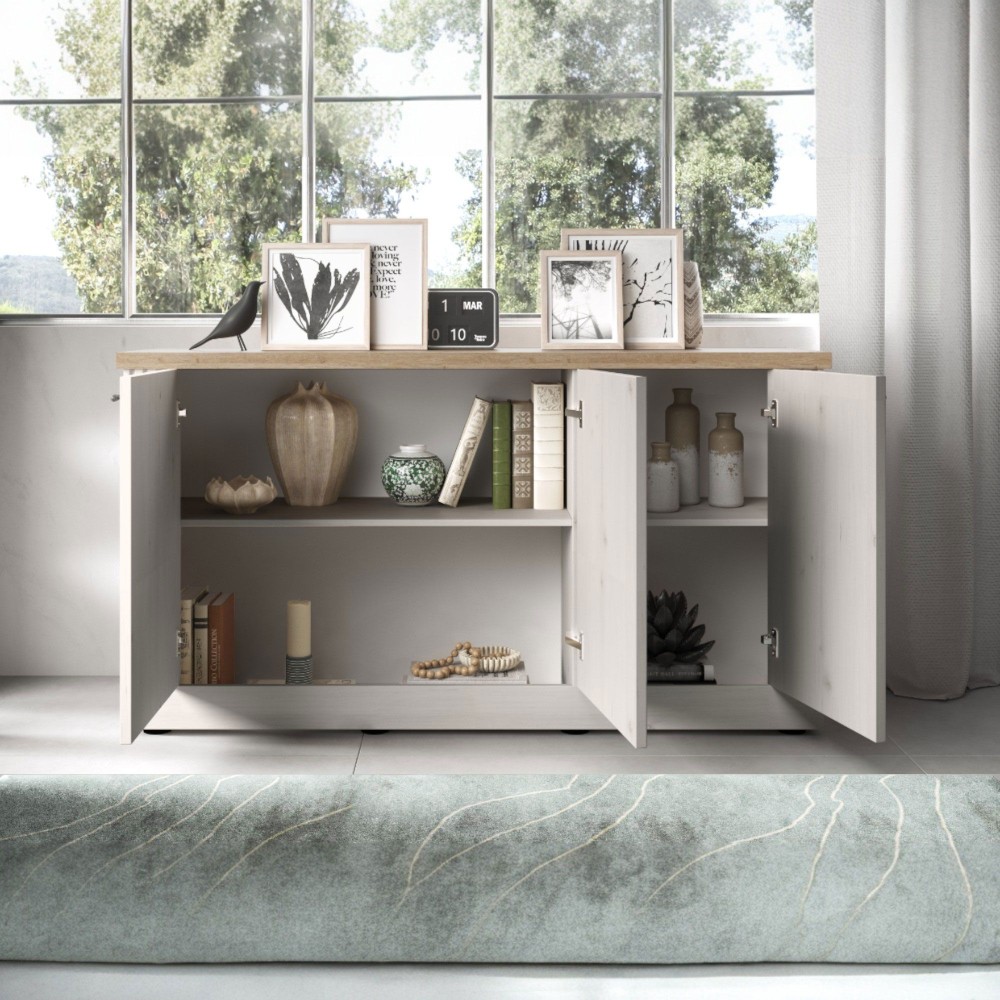 Madia 156×88×44 rovere meringa con top rovere chiaro e 3 ante - Grove 2