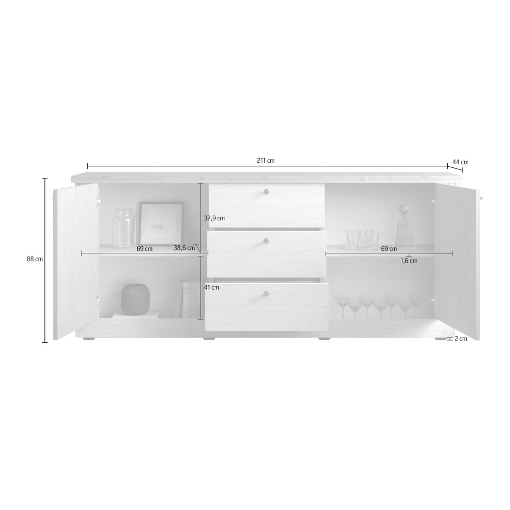 Madia 156×88×44 rovere meringa con 2 ante e 3 cassetti - Grove