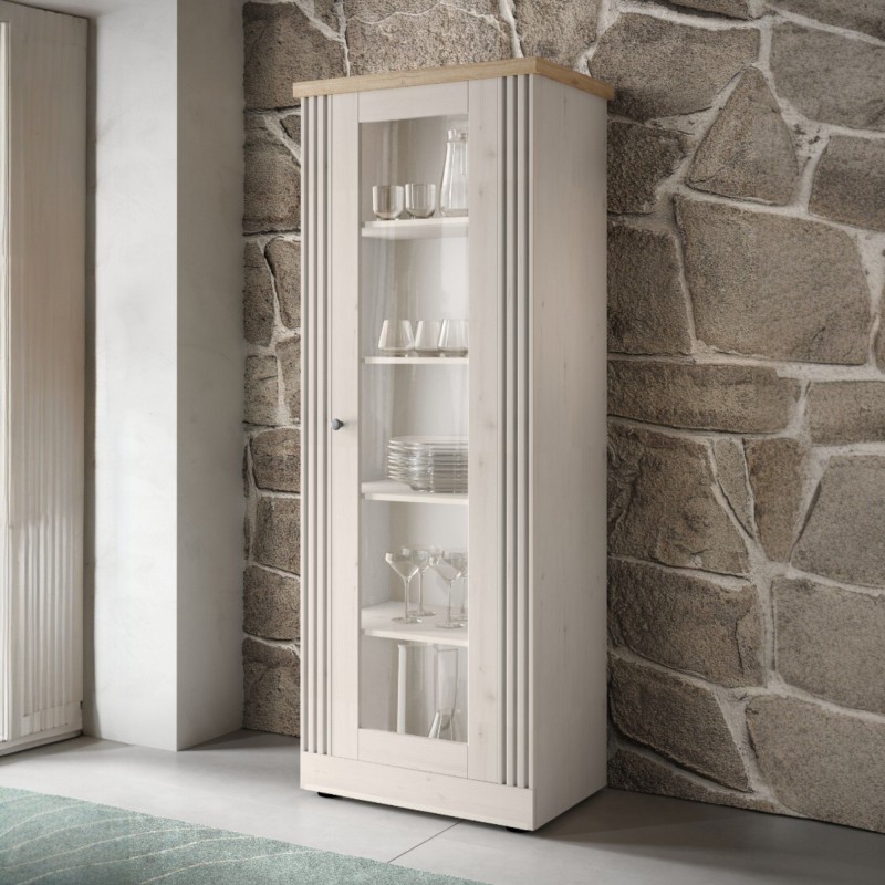 Vetrinetta 104×192×44 rovere meringa con top rovere chiaro e 4 ripiani - Grove